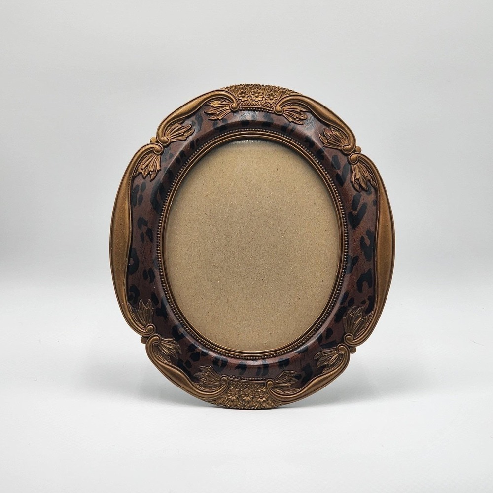 Victorian Style Leopard Print Resin Oval Picture Frame Ornate Gold Tone Accents